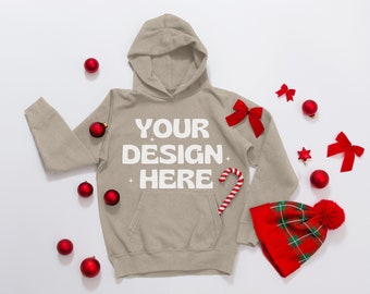 Sand Christmas Gildan 18500 Hoodie Mockup Flat Lay, Gi18500 Hoodie Mock, winter Gildan Hoodie, Unisex Heavy Blend Hooded Sweatshirt