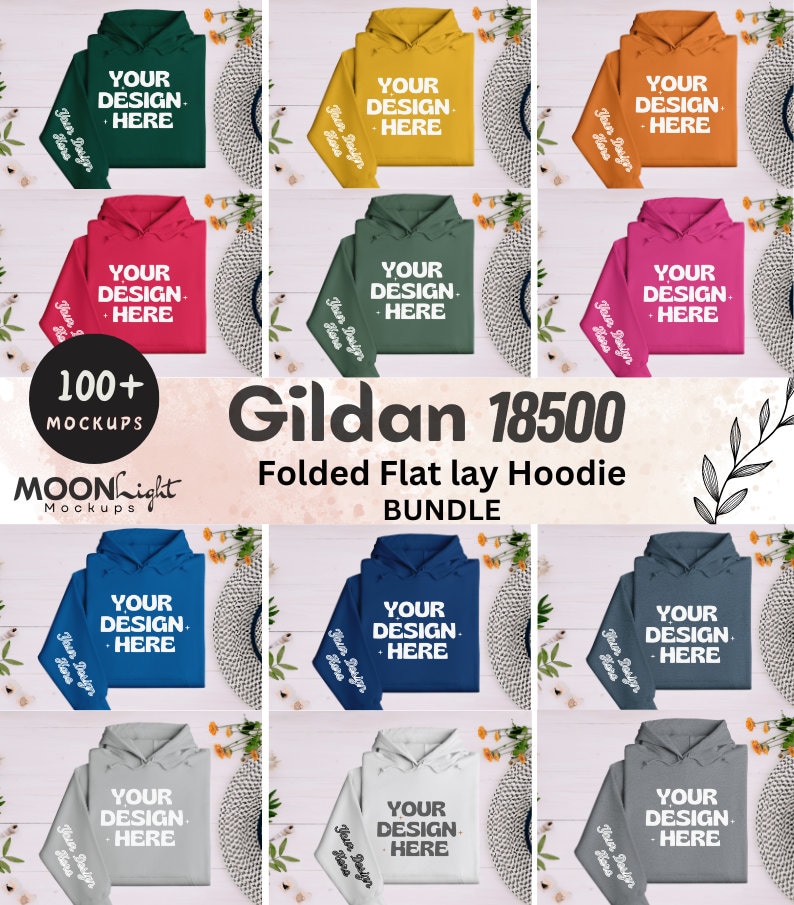 Gildan 18500 Hoodie Sleeve Mockup bundle G185 folded Hooded Sweatshirt Mockup Gildan 18500 flat-lay hoodie Sleeve Simple Sleeve Mock zdjęcie 2