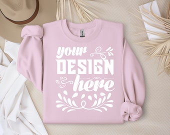 light pink Gildan 18000 sweathirt mockup, front and back flatlay gildan 18000 sweatshirt mockup, G18 mockups, POD mockups boho sweatshirt