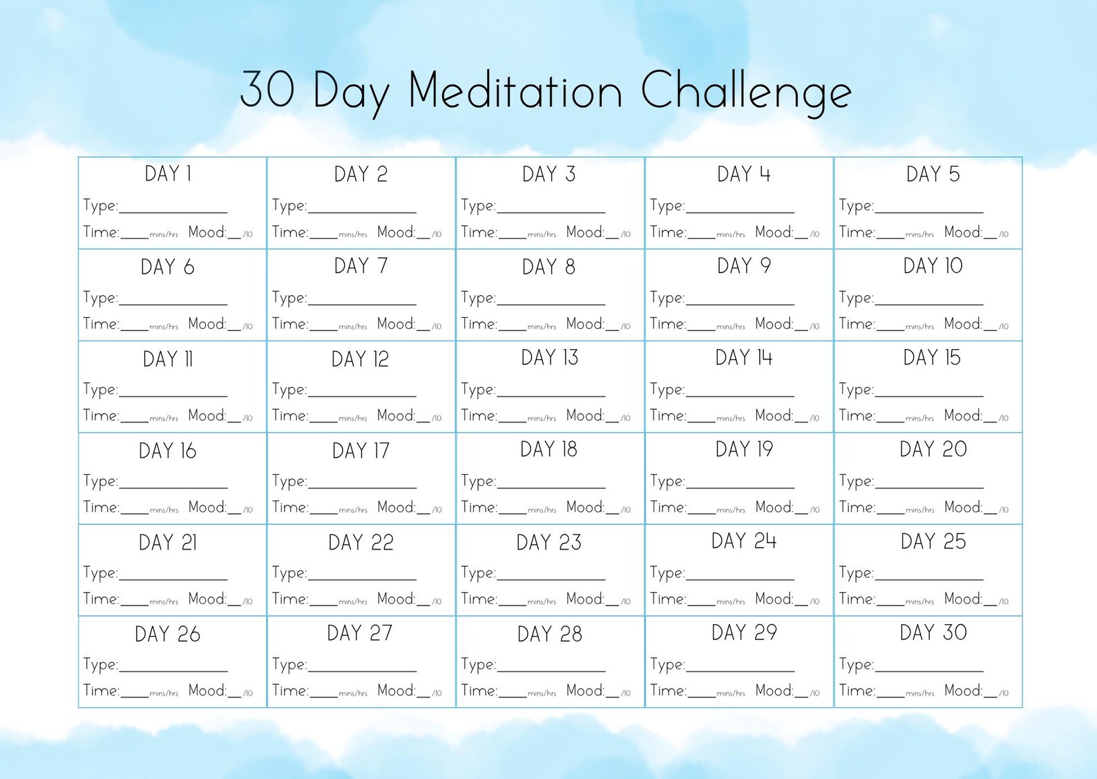 30 Day Meditation Challenge Printable - Etsy