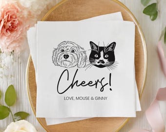 Custom Illustrated Dog Wedding Napkins, Personalized Pet Cocktail Napkins, Cat Wedding Napkins, Dog Cocktail Napkins