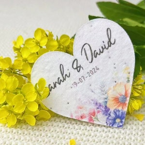 Favor de casamento de coração de papel de semente, papel de semente de flor silvestre plantável personalizado, presente de casamento personalizado, anúncio de nascimento ou lembrancinha de chá de bebê