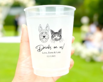 Custom Plastic Frosted Cups with Pet Drawing, Wedding Frosted Cups, Personalized Pet Wedding Favors, Custom Dog Cups for Wedding