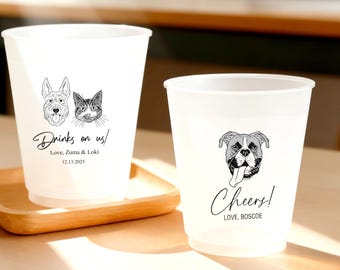 Plastic Cups with Pet Drawing, Wedding Frosted Cups, Personalized Pet Wedding Favors, Custom Dog Cups for Wedding