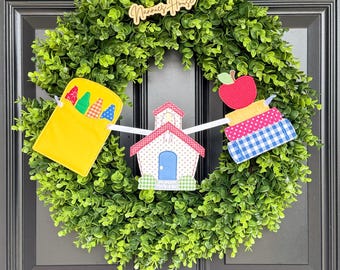 Custom Back to School Wreath Banner | Choose 3 Designs | Apple, Schoolhouse, Crayon Box, Books, or Bus | Teacher Door Hanger