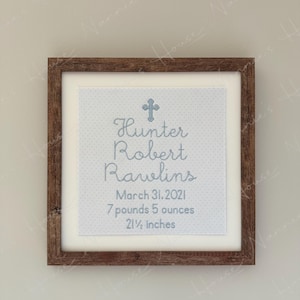 Custom Baby Boy Embroidered Birth Announcement / Personalized Keepsake / Nursery Decor / Icon Options Included / Blue Embroidery / Unframed