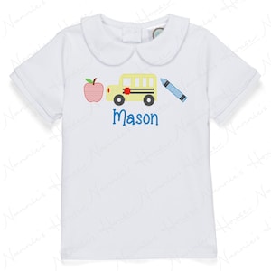 Boys Back to School Sketch Trio Embroidered Shirt / Bus / Apple / Crayon / Custom Name Included / Peter Pan Collar