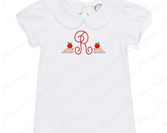 Back to School Book Stack Monogram Embroidered Shirt / Custom Name Included / Puff Sleeve / Ruffle Bottom / Peter Pan Collar Tee