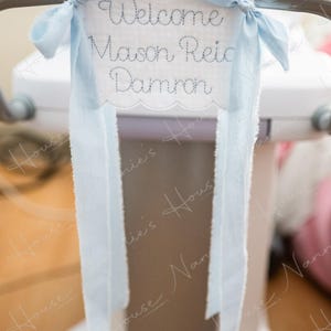 Baby Boy Bassinet Banner // CUSTOM Baby Announcement // Birth Announcement Embroidered Pennant