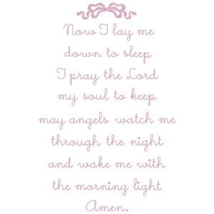 Ahora me acuesto a dormir Arte de pared bordado en cursiva para guardería / Oración de bebé heredada / Regalo de baby shower de bautismo atemporal / Niña / Lazo