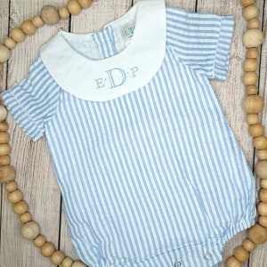 Blue-Striped Seersucker Monogramed Bubble // Colored Cotton Seersucker Romper // Baby Gift