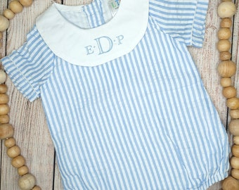 Blue-Striped Seersucker Monogramed Bubble // Colored Cotton Seersucker Romper // Baby Gift