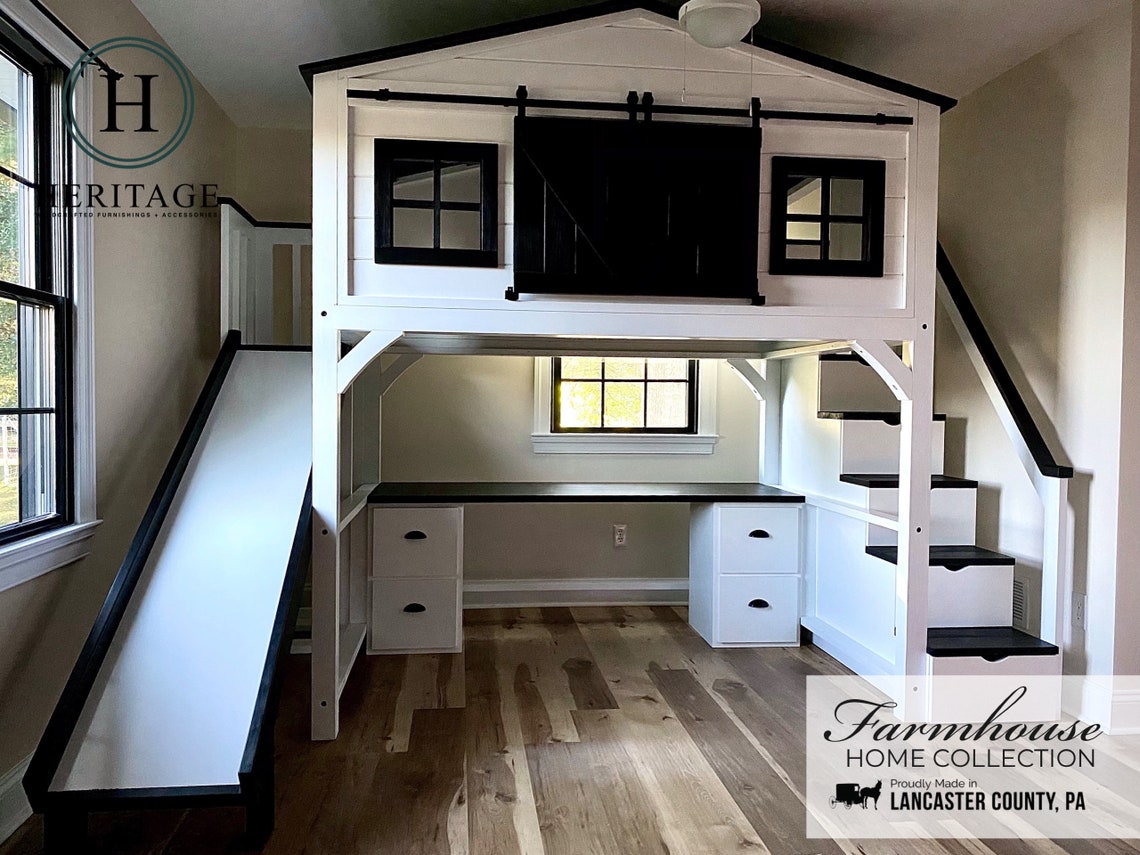 Custom Farmhouse Loft Bed & Bunk Bed Loft Bed With Stairs Etsy