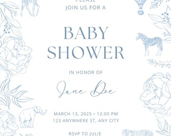 Blå & vit elegant babyshowerinbjudan