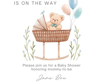 Blå nallebjörn babyshowerinbjudan