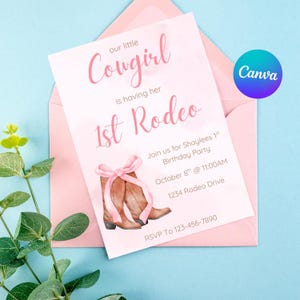 Country Coquette Birthday Invitation Pink and Brown Party Invite Download Printable Canva Template Kids and Baby Invitation