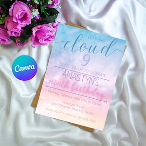 9th Birthday Invitation Pastel Clouds Party Invite Download Printable Canva Template Girls Invitation