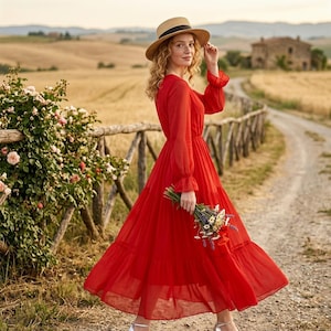 red midi dress flowy Long Sleeve women-occasion