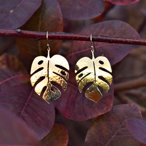 Golden Monstera Leaf Earrings, Gold Filled & Brass Swiss Cheese Plant Earrings, Gift for Her, Plant Lovers, Botanical Jewellery Leaves