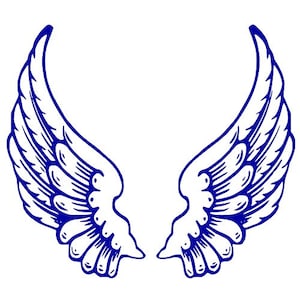 May include: A pair of blue angel wings with white feathers. The wings are symmetrical and have a detailed design.
