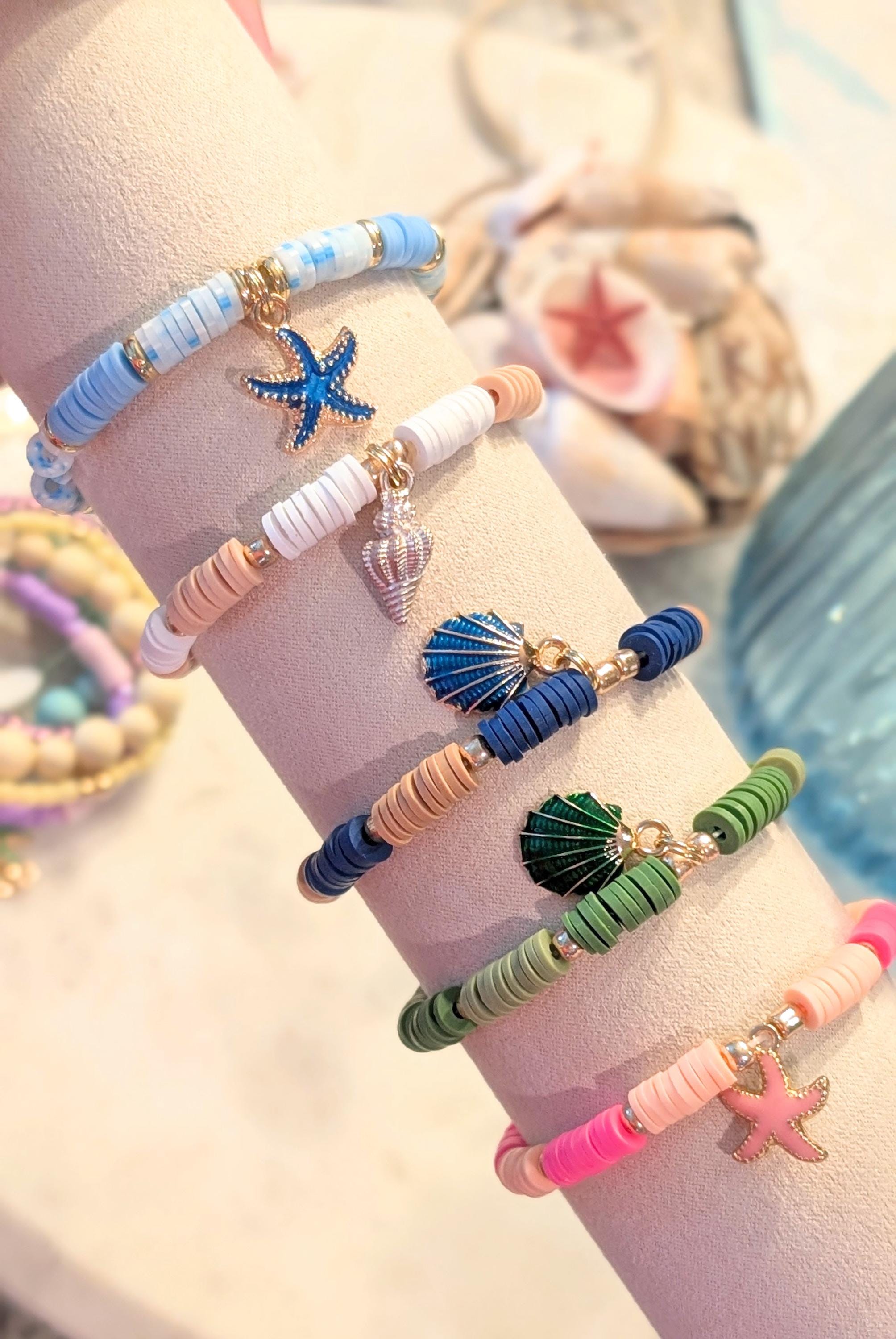 Coastal Heishi Bead Bracelet: Seashell Charm, Stretchy Stackable Jewelry