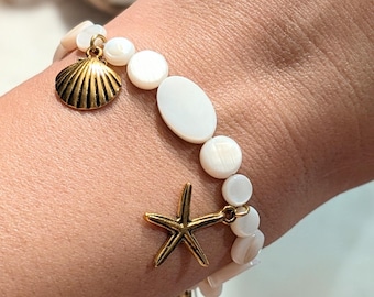 Seashell Charm Bracelet: Beaded Coastal Jewelry, Gold or Silver