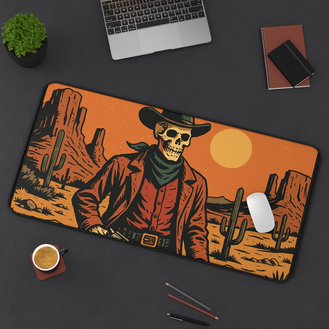 Skeletal Cowboy Desk Mat, Retro Western Style Mouse Pad, Gothic Desert ...