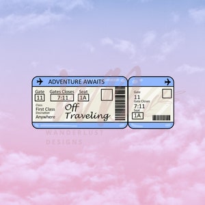 Pode incluir: Um cartão de embarque ilustrado azul e branco com o texto "Adventure Awaits" e "Off Traveling". O cartão de embarque tem um número de portão, um horário de fechamento do portão e um número de assento.