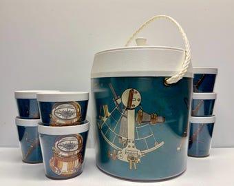 Vintage Hard to Find Flambeau Nautical Ice Bucket and 7 Tumblers Baraboo, WI - 1970s