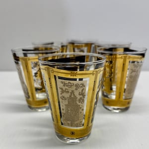 Culver 22k Gold and Platinum Double Shot Glasses Asian Cranes, Geisha, Cherry Blossom
