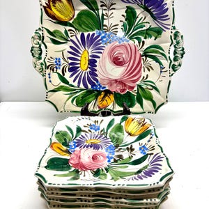 Set of 5 Plates and 1 Platter Midcentury Hand Painted Italian Floral Majolica