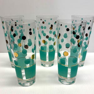 Set of 5 Midcentury Fred Press Turquoise/Aqua and 22k Gold Polka Dot Tom Collins Highball Glasses