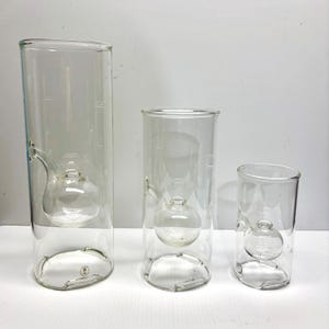 Set of 3 Wolfard Glassblowing Co. Clear Handblown Borosilicate Glass Oil Lamps 12”, 9”, and 6”