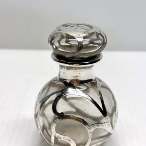 Vintage Art Nouveau Glass Perfume Bottle with Sterling Silver Overlay