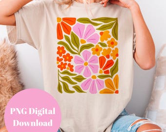Abstract floral PNG file for t-shirts, tote bags, groovy flower png, retro flower png, boho floral png, transparent png, 70s floral png