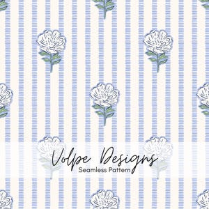 May include: A seamless pattern with white peony flowers on green stems and leaves, set against vertical blue and white stripes. The text "Volpe Designs" and "Seamless Pattern" are also visible.