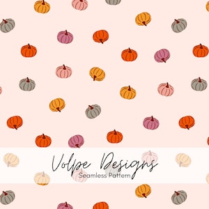 May include: A seamless pattern featuring scattered pumpkins in shades of orange, yellow, pink, and gray on a light pink background. The text "Volpe Designs Seamless Pattern" is at the bottom.