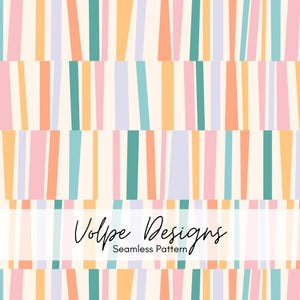 Puede incluir: Un patrón continuo con rayas verticales en tonos rosa, naranja, verde azulado y morado claro sobre un fondo crema. El texto Volpe Designs Seamless Pattern aparece centrado en negro con tipografía cursiva y sin remates.