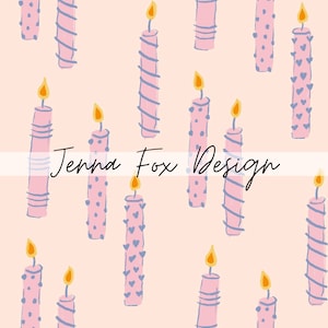May include: A repeating pattern of pink candles with blue accents and yellow flames on a light peach background. Some candles have heart or swirl designs. The text "Jenna Fox Design" is in the center.