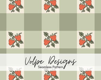 Strawberry Gingham Seamless Pattern, Green Gingham Repeat, Spring Cottagecore Strawberries, Repeating file for commercial use, sublimation