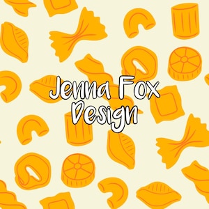 Könnte beinhalten: Ein nahtloses Muster mit verschiedenen Pastaformen in Gelb-Orange auf hellgelbem Hintergrund. Der Text "Jenna Fox Design" befindet sich in der Mitte des Bildes.