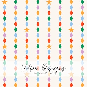 May include: Seamless pattern design featuring vertical rows of colorful diamonds in orange, green, red, purple, and blue, interspersed with gold stars on a cream background. The text "Volpe Designs Seamless Pattern" is at the bottom.