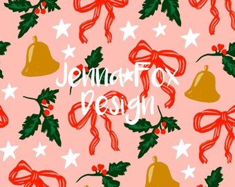 Coquette kerst naadloos patroon, rode kerststrikken, leuke kerstherhaling, vakantieherhaling voor inpakpapier, kersthulst en belletjes