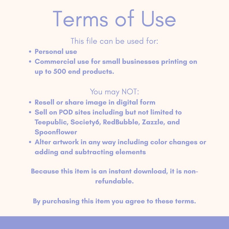 K&ouml;nnte beinhalten: Ein digitales Dokument mit dem Titel "Nutzungsbedingungen" mit hellbeigem Hintergrund und lila Text. Das Dokument beschreibt zul&auml;ssige und verbotene Verwendungen, einschlie&szlig;lich der pers&ouml;nlichen und kommerziellen Nutzung f&uuml;r kleine Unternehmen. Es gibt auch an, dass der Artikel nicht erstattungsf&auml;hig ist.