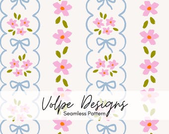 Retro bloemen en strikken verticale streep naadloze bloemmotief, cottagecore zomerwilde bloemen, strikken, vintage kinderkamer, sublimatie