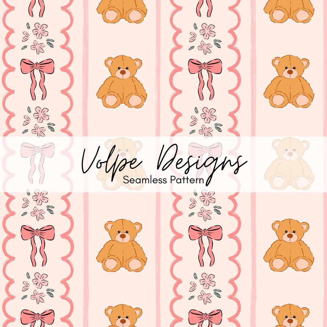 Teddy Bear Floral Vertical Stripes Seamless Pattern File, Pink Coquette ...