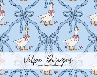 Kokette Bögen Alberne Gans Nahtloses Muster, Preppy Bow-Spalierdatei, Blaue Girly Rüschen wiederholen, Frühlingsgänse, Hand gezeichnet, Stoffsublimation