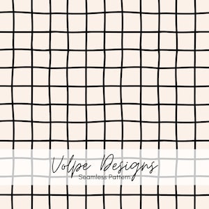 May include: A seamless pattern featuring a grid of hand-drawn black lines on a pale cream background. A white horizontal banner across the centre displays the black text Volpe Designs Seamless Pattern in a script and sans-serif font combination.