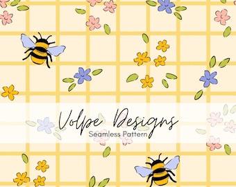 Naadloos patroon zomerbijen en bloemen, bloemen gingham herhalen, botergele gingangruit, handgetekende png-commercieel gebruik, digitaal papier