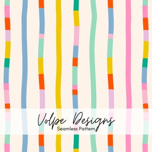 May include: A seamless pattern featuring vertical, hand-drawn wavy lines in various colours including yellow, pink, orange, blue, and green against a cream background. The text Volpe Designs Seamless Pattern is overlaid in black script.